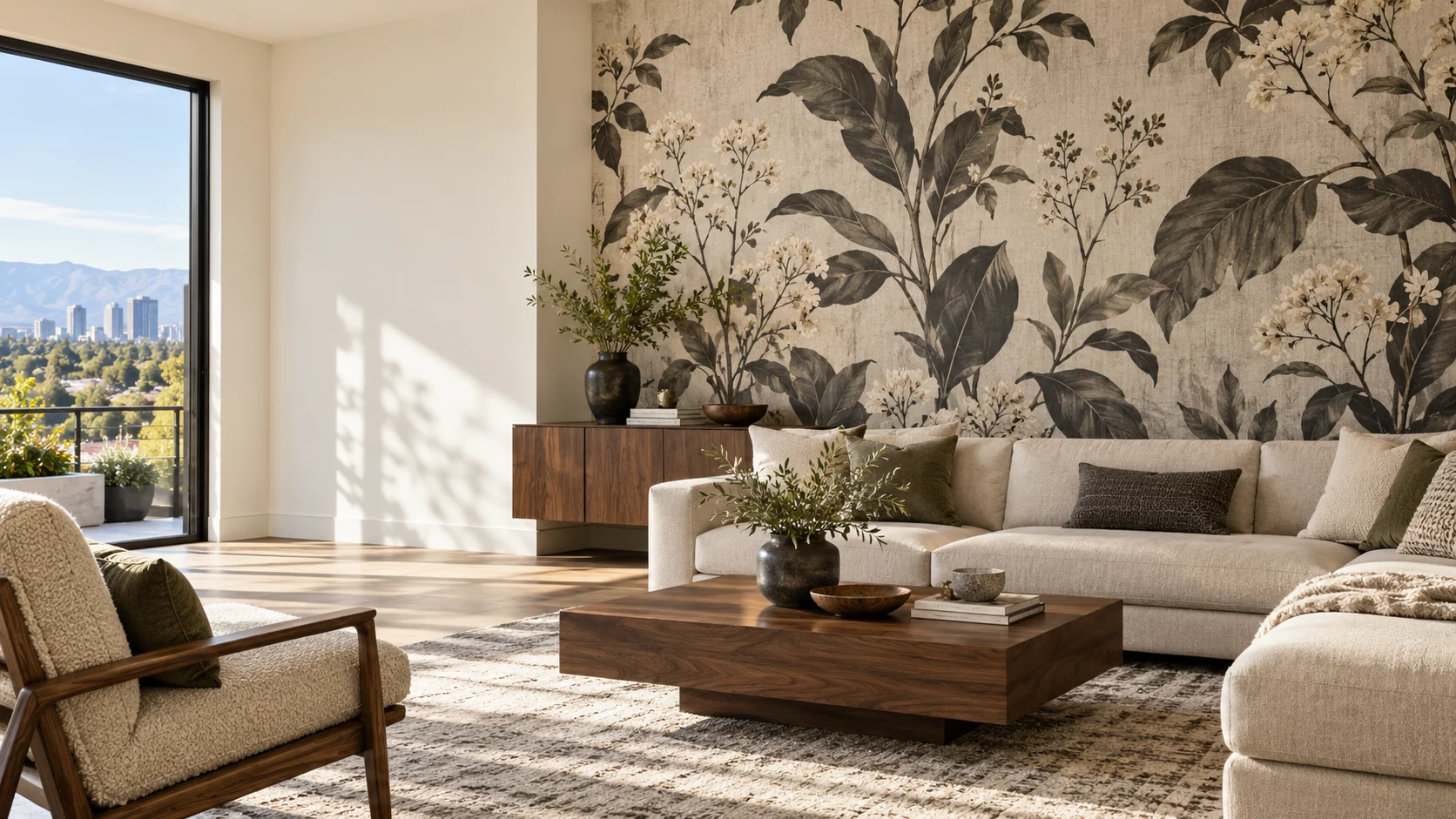 Interior design concept with botanical wallpaper, warm white walls and walnut furniture